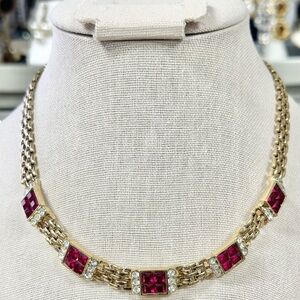 Vintage Signed Attwood & Sawyer Red and Clear Diamante Panther Link Necklace